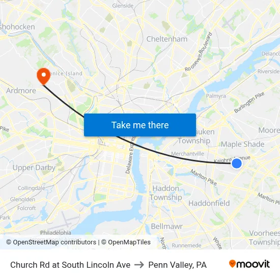 Church Rd at South Lincoln Ave to Penn Valley, PA map