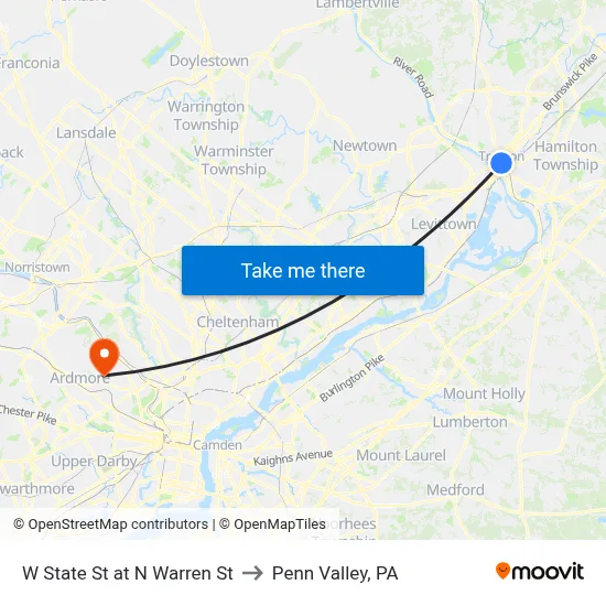 W State St at N Warren St to Penn Valley, PA map
