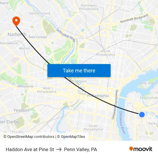 Haddon Ave at Pine St to Penn Valley, PA map