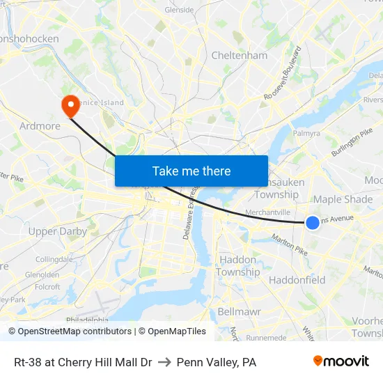 Rt-38 at Cherry Hill Mall Dr to Penn Valley, PA map