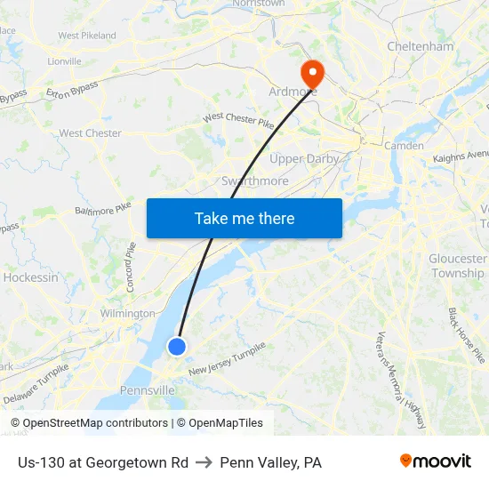 Us-130 at Georgetown Rd to Penn Valley, PA map