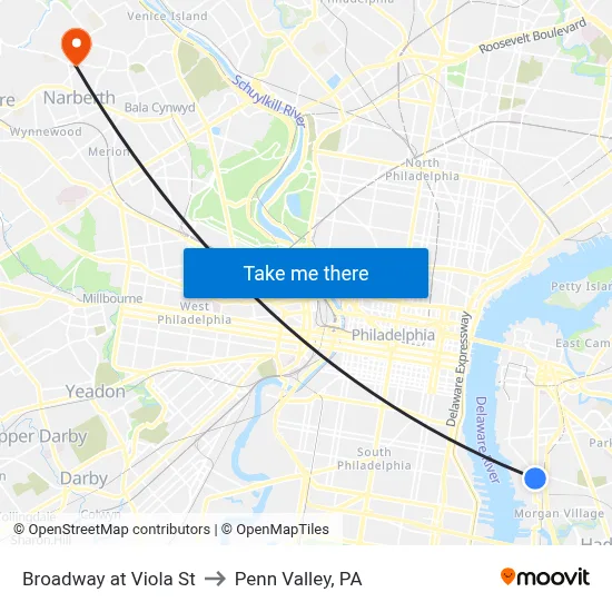 Broadway at Viola St to Penn Valley, PA map