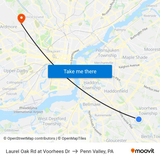 Laurel Oak Rd at Voorhees Dr to Penn Valley, PA map