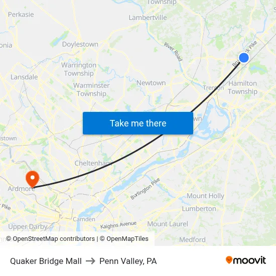 Quaker Bridge Mall to Penn Valley, PA map