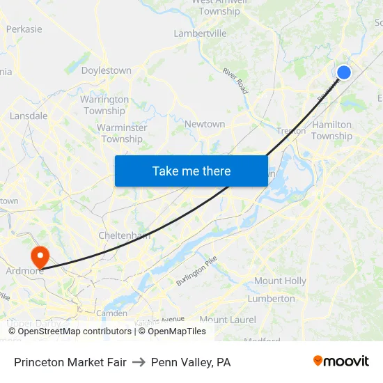 Princeton Market Fair to Penn Valley, PA map