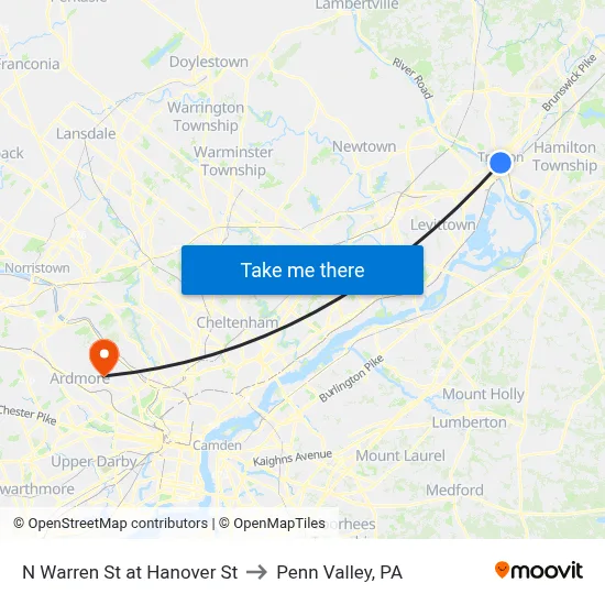 N Warren St at Hanover St to Penn Valley, PA map
