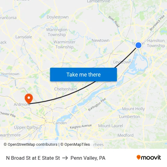 N Broad St at E State St to Penn Valley, PA map