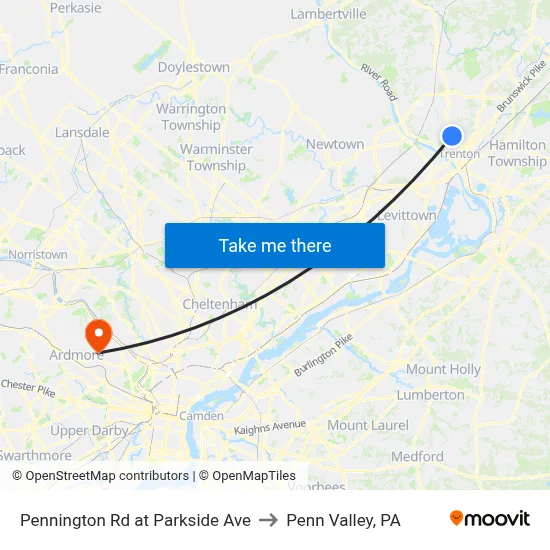 Pennington Rd at Parkside Ave to Penn Valley, PA map