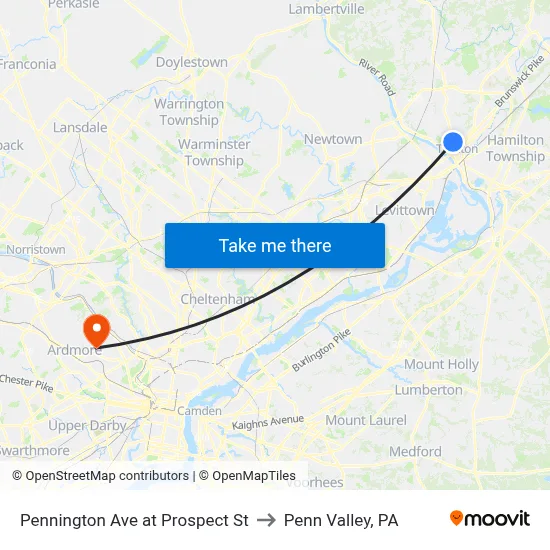 Pennington Ave at Prospect St to Penn Valley, PA map