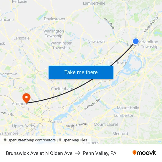 Brunswick Ave at N Olden Ave to Penn Valley, PA map
