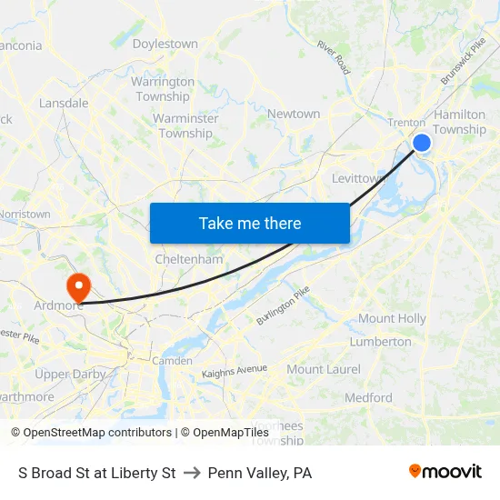 S Broad St at Liberty St to Penn Valley, PA map