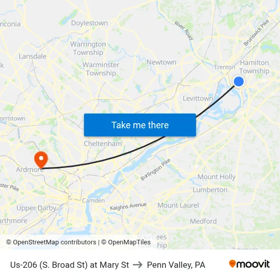 Us-206 (S. Broad St) at Mary St to Penn Valley, PA map