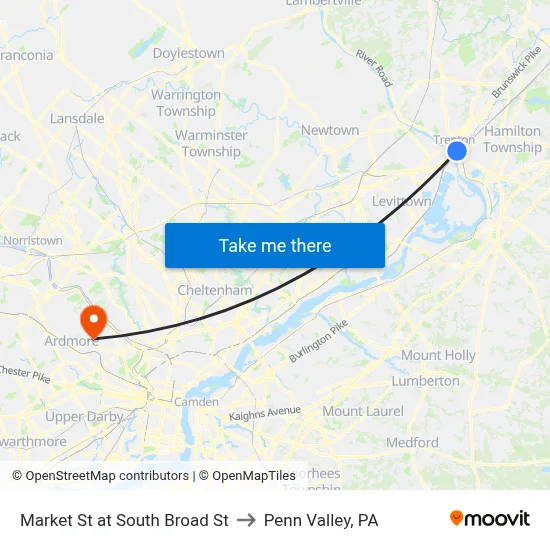 Market St at South Broad St to Penn Valley, PA map