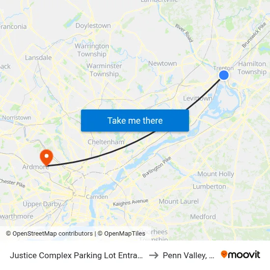 Justice Complex Parking Lot Entrance to Penn Valley, PA map