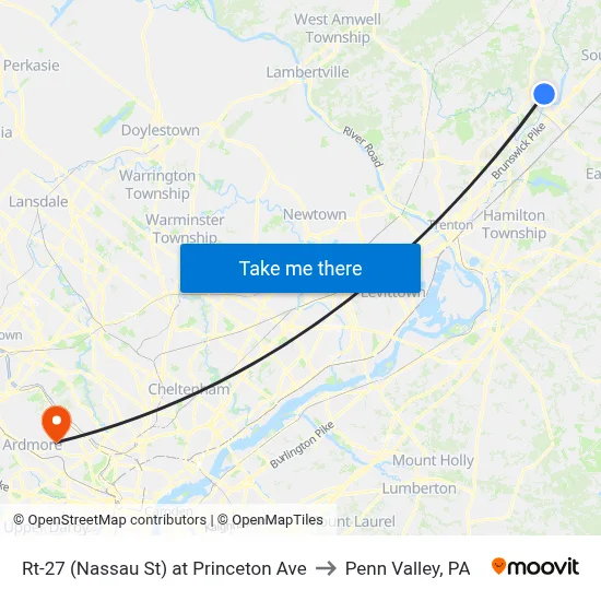 Rt-27 (Nassau St) at Princeton Ave to Penn Valley, PA map