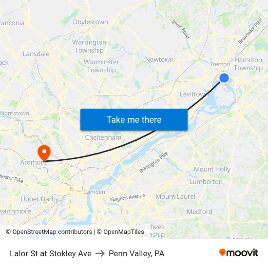 Lalor St at Stokley Ave to Penn Valley, PA map