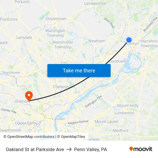 Oakland St at Parkside Ave to Penn Valley, PA map