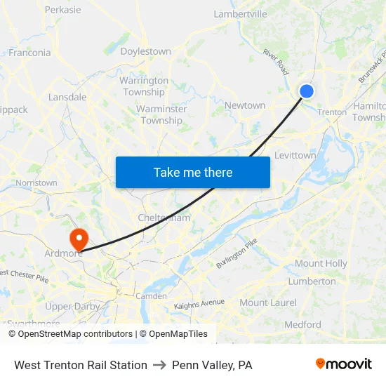 West Trenton Rail Station to Penn Valley, PA map