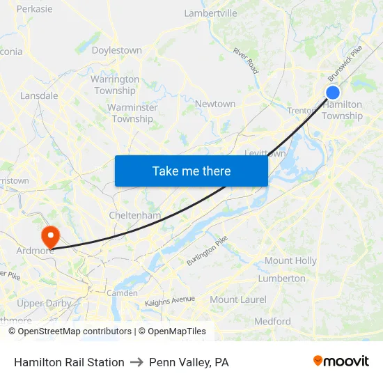 Hamilton Rail Station to Penn Valley, PA map
