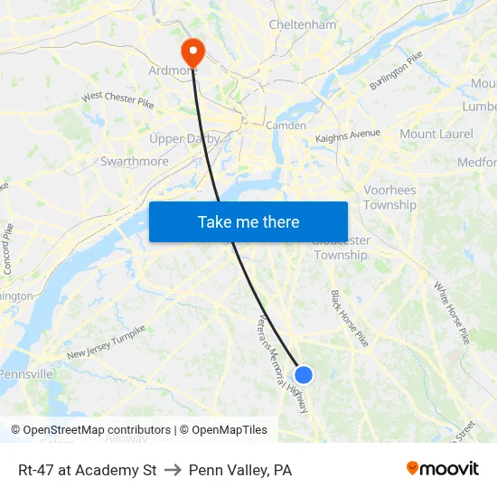 Rt-47 at Academy St to Penn Valley, PA map