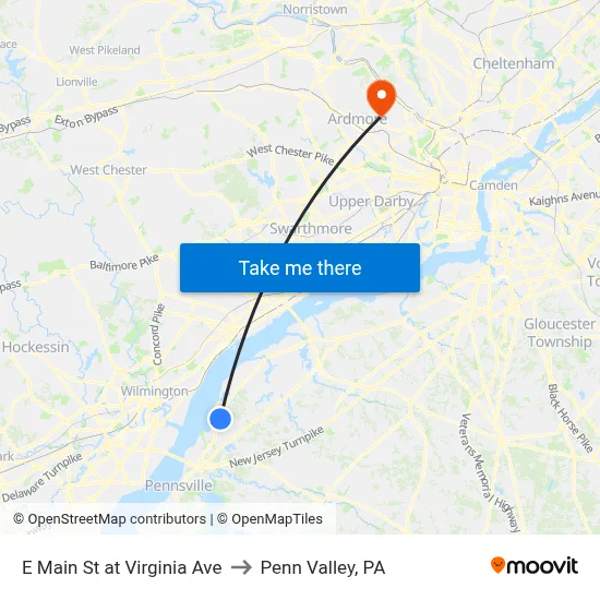 E Main St at Virginia Ave to Penn Valley, PA map
