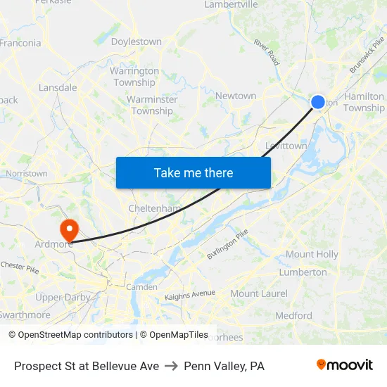 Prospect St at Bellevue Ave to Penn Valley, PA map