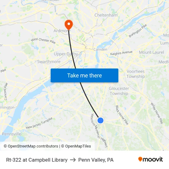Rt-322 at Campbell Library to Penn Valley, PA map