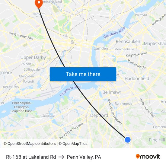 Rt-168 at Lakeland Rd to Penn Valley, PA map