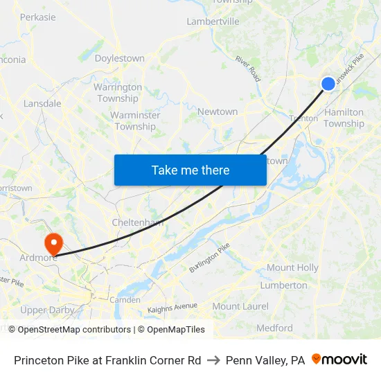 Princeton Pike at Franklin Corner Rd to Penn Valley, PA map