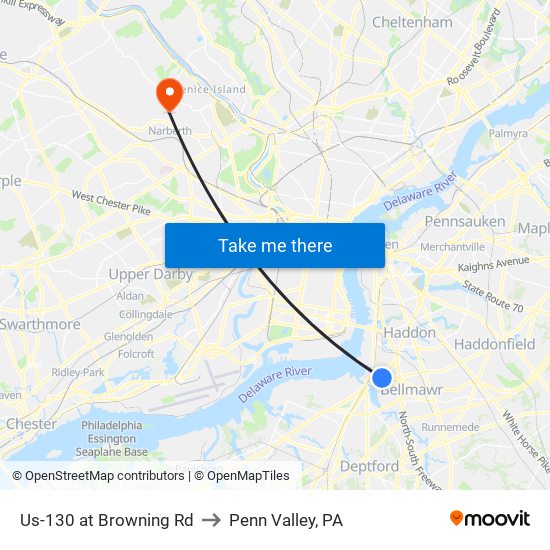 Us-130 at Browning Rd to Penn Valley, PA map
