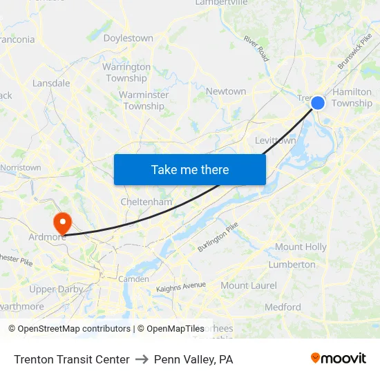 Trenton Transit Center to Penn Valley, PA map