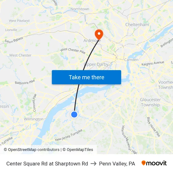 Center Square Rd at Sharptown Rd to Penn Valley, PA map