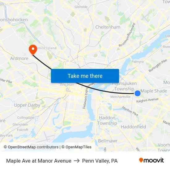 Maple Ave at Manor Avenue to Penn Valley, PA map