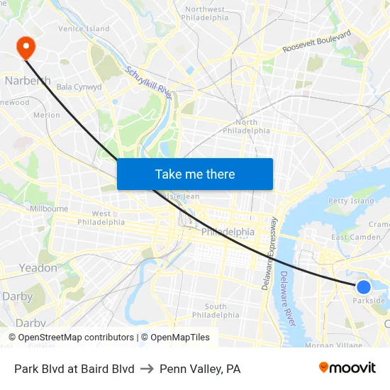Park Blvd at Baird Blvd to Penn Valley, PA map