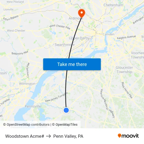 Woodstown Acme# to Penn Valley, PA map