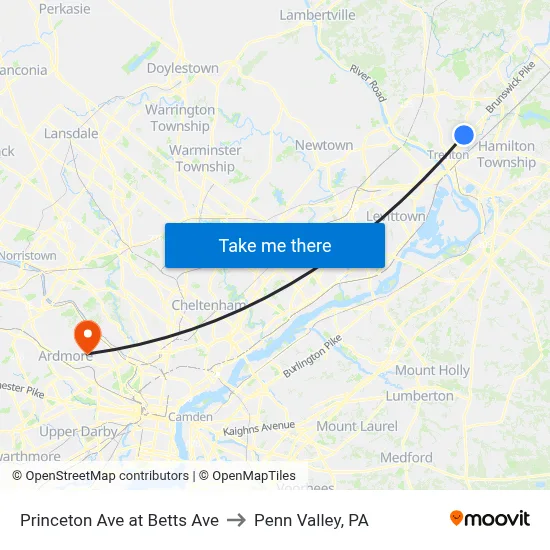 Princeton Ave at Betts Ave to Penn Valley, PA map