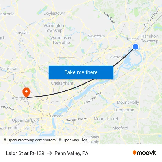 Lalor St at Rt-129 to Penn Valley, PA map