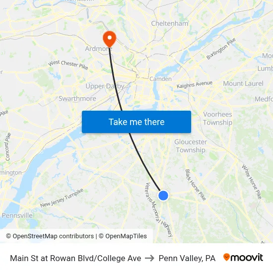 Main St at Rowan Blvd/College Ave to Penn Valley, PA map