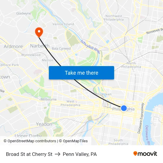Broad St at Cherry St to Penn Valley, PA map
