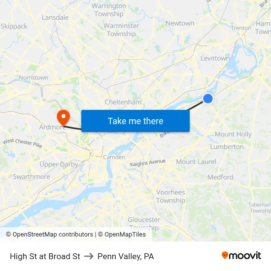 High St at Broad St to Penn Valley, PA map