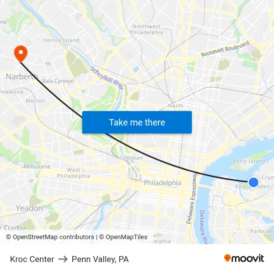 Kroc Center to Penn Valley, PA map