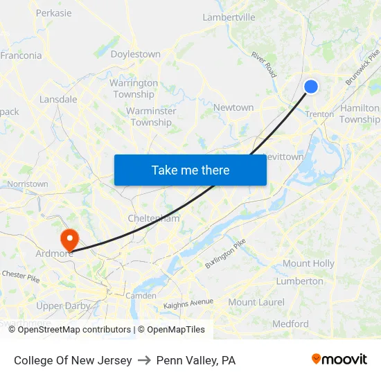 College Of New Jersey to Penn Valley, PA map