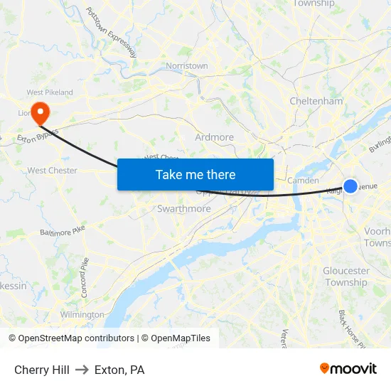 Cherry Hill to Exton, PA map