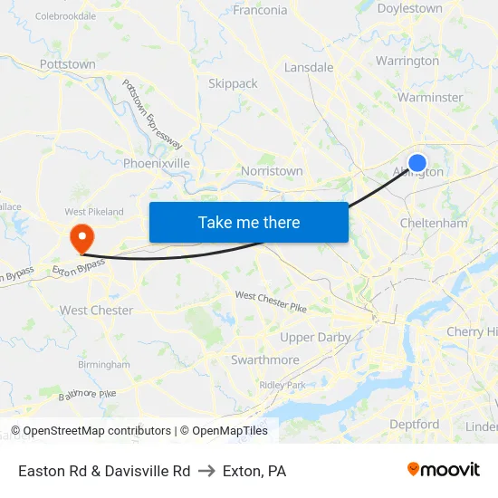 Easton Rd & Davisville Rd to Exton, PA map