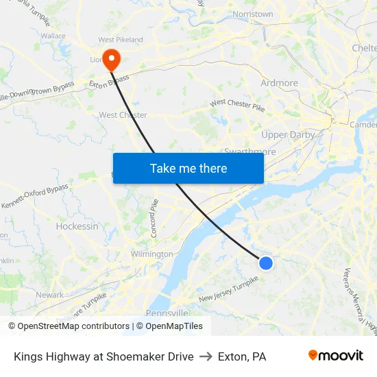 Kings Highway at Shoemaker Drive to Exton, PA map