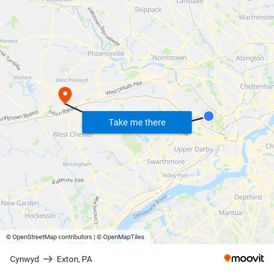 Cynwyd to Exton, PA map