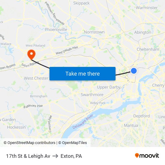 17th St & Lehigh Av to Exton, PA map