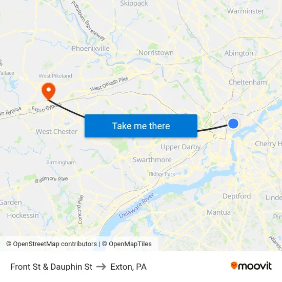 Front St & Dauphin St to Exton, PA map