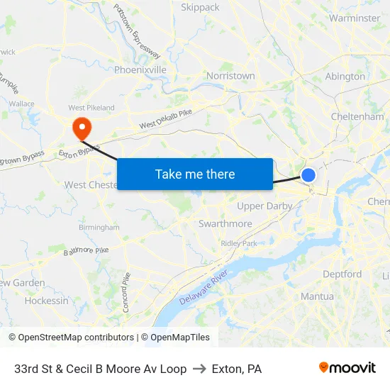 33rd St & Cecil B Moore Av Loop to Exton, PA map