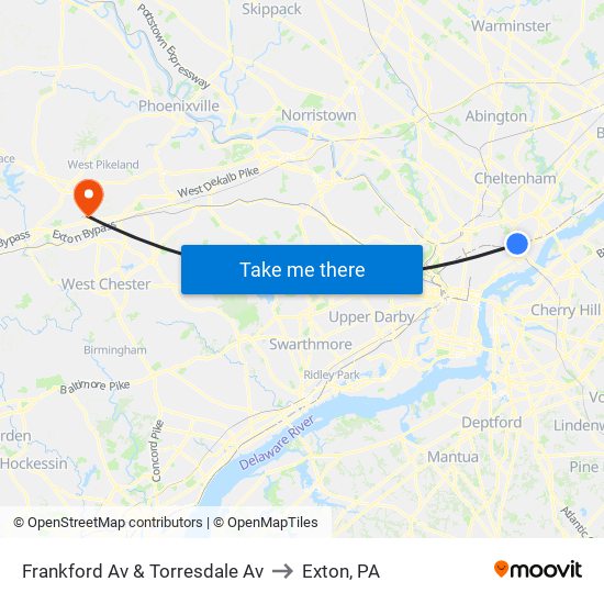 Frankford Av & Torresdale Av to Exton, PA map